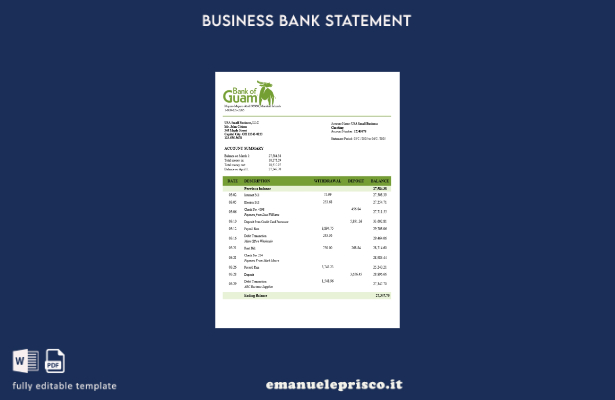 modello di estratto conto aziendale della Banca di Guamanian in stile verificato